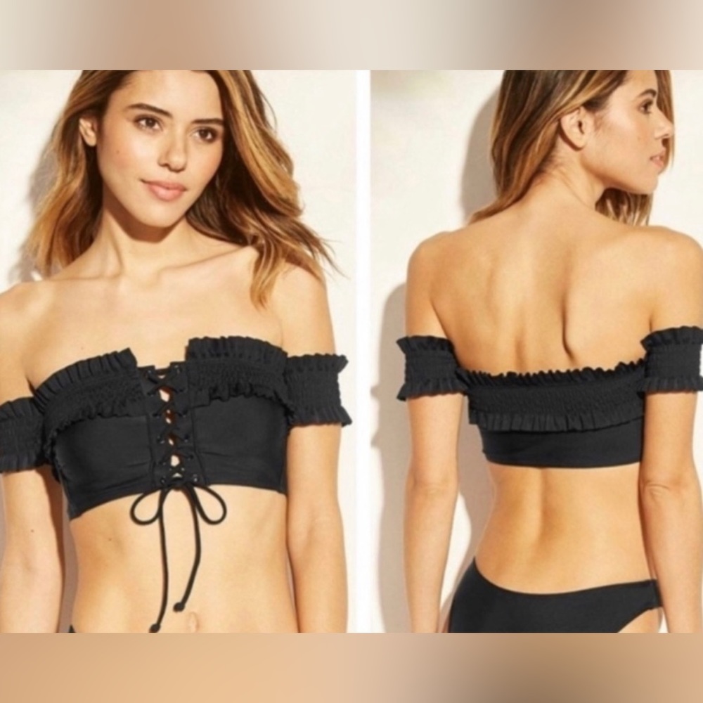 WOMENS XHILARATION BLACK OFF THE SHOULDER LACED UP FRONT BIKINI TOP ONLY